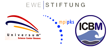 Logos of the sponsors and partners of the exhibit: EWE Stiftung, Universum Science Center, Institute for Chemistry and Biology of the Marine Environment (ICBM), and Max-Planck Institute for the Physics of Complex Systems